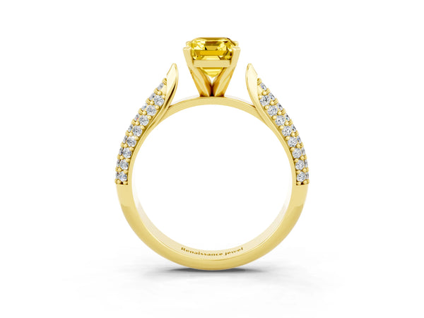 Yellow gold Emerald Cut Yellow Sapphire Solitaire Engagement Ring with Multi-Row Round Pavé Band and Prong Setting