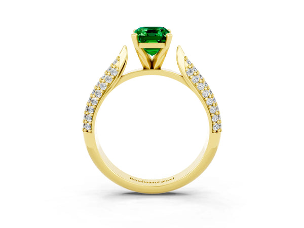 Yellow gold Emerald Cut Emerald Solitaire Engagement Ring with Multi-Row Round Pavé Band and Prong Setting