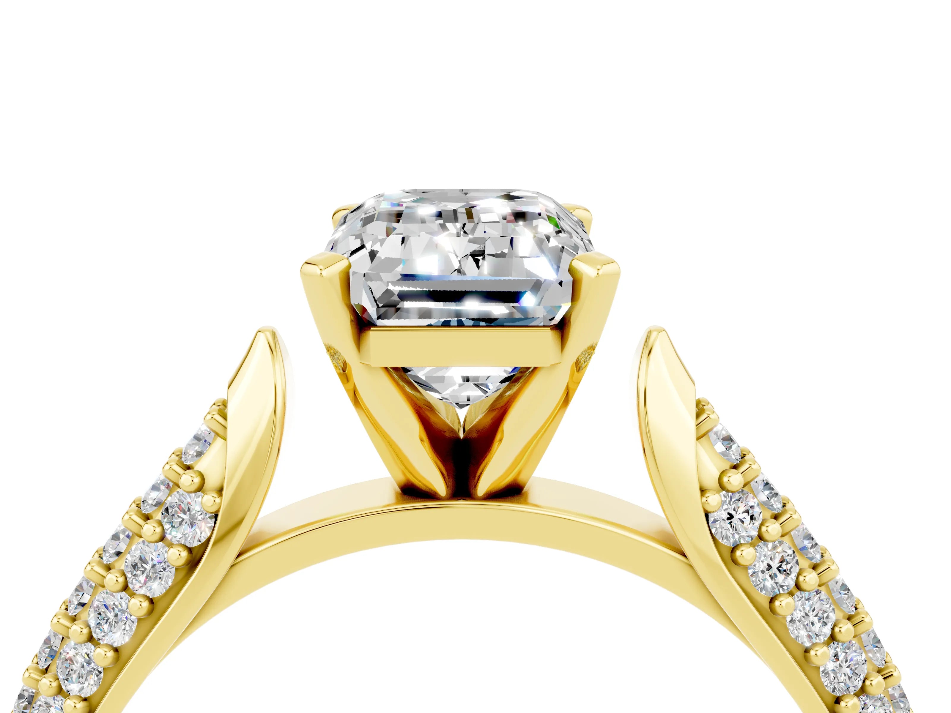 Yellow gold Emerald Cut Diamond Solitaire Engagement Ring with Pavé Band and Four-Prong Setting_4