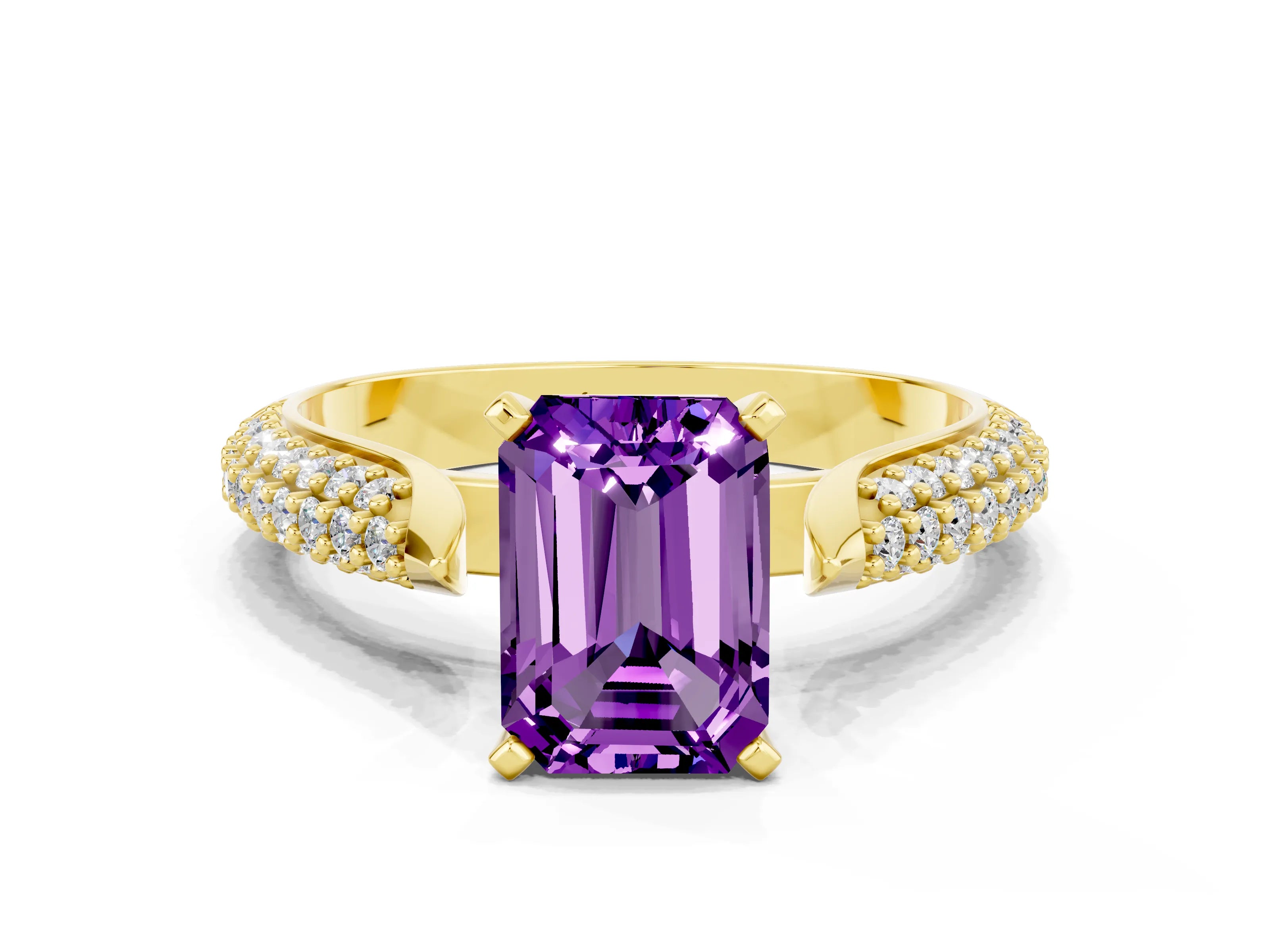 Yellow gold Emerald Cut Diamond Solitaire Engagement Ring with Pavé Band and Four-Prong Setting