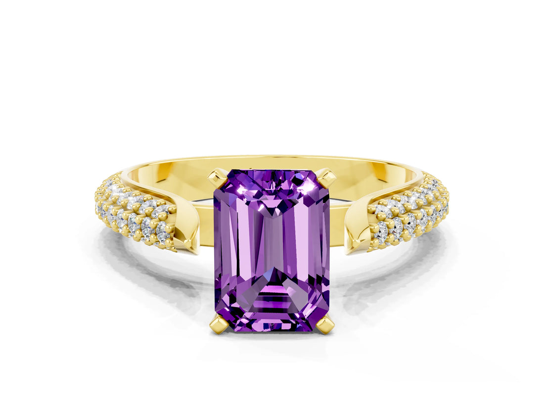 Yellow gold Emerald Cut Diamond Solitaire Engagement Ring with Pavé Band and Four-Prong Setting