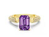 Yellow gold Emerald Cut Diamond Solitaire Engagement Ring with Pavé Band and Four-Prong Setting