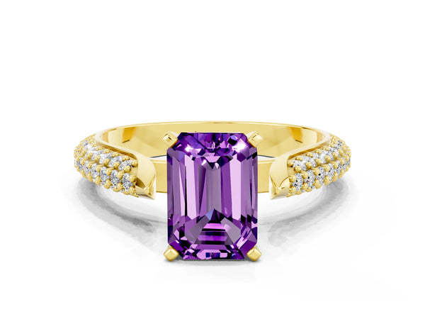 Yellow gold Emerald Cut Amethyst Solitaire Engagement Ring with Multi-Row Round Pavé Band and Prong Setting