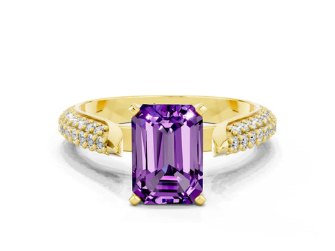 Yellow gold Emerald Cut Diamond Solitaire Engagement Ring with Pavé Band and Four-Prong Setting