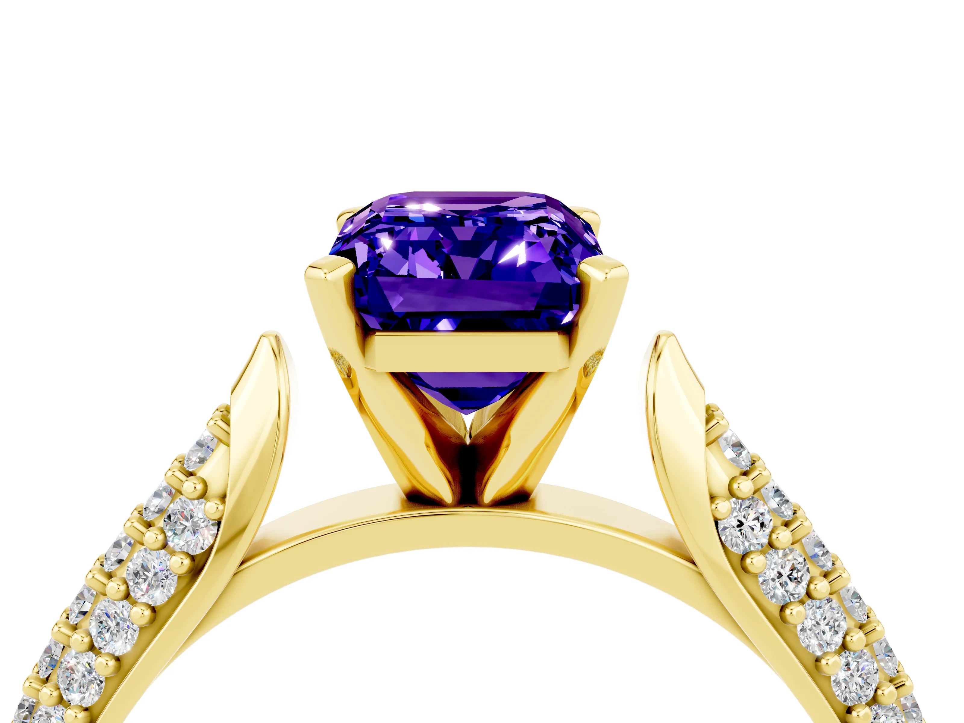 Yellow gold Emerald Cut Diamond Solitaire Engagement Ring with Pavé Band and Four-Prong Setting_4