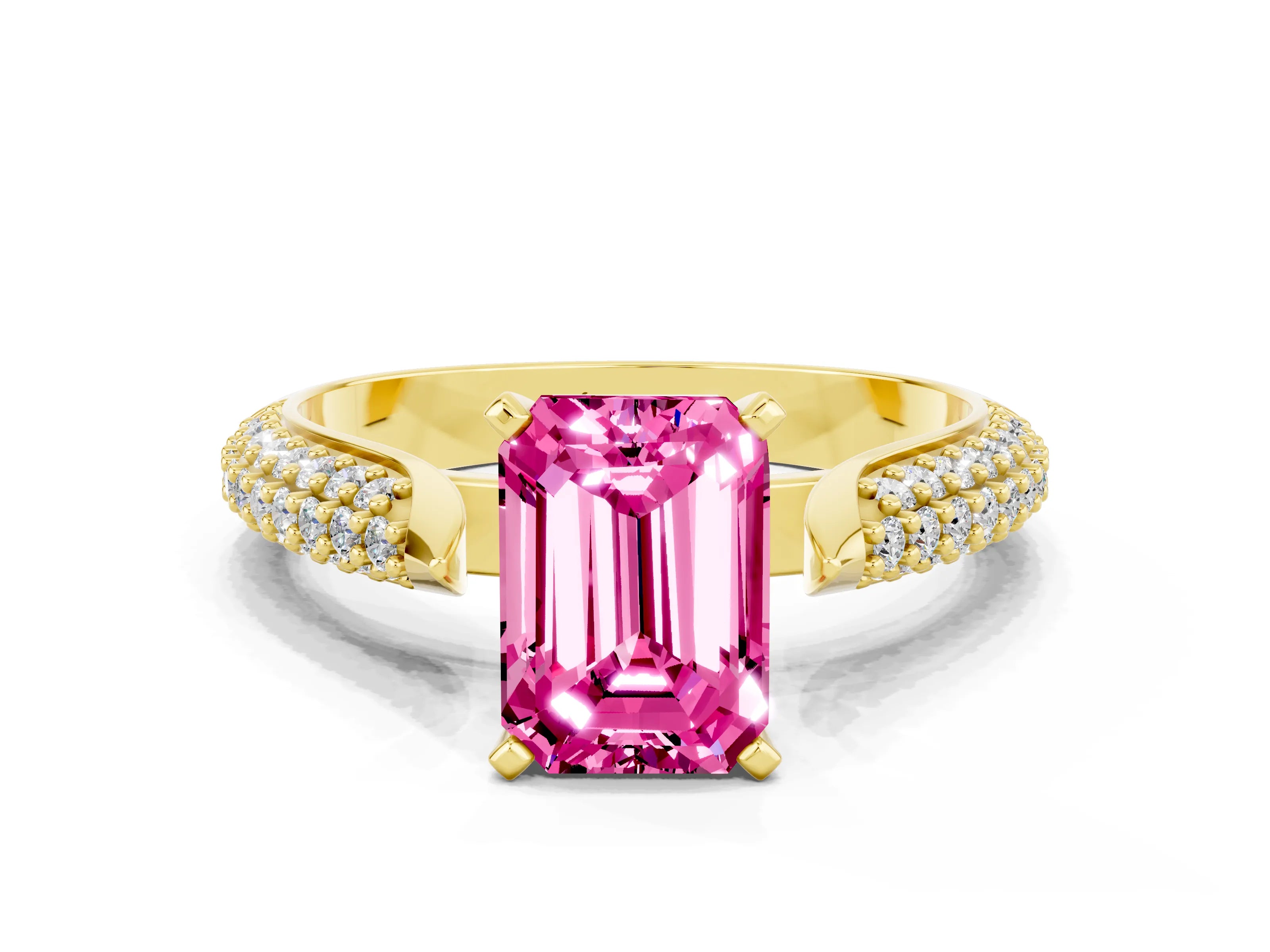Yellow gold Emerald Cut Diamond Solitaire Engagement Ring with Pavé Band and Four-Prong Setting