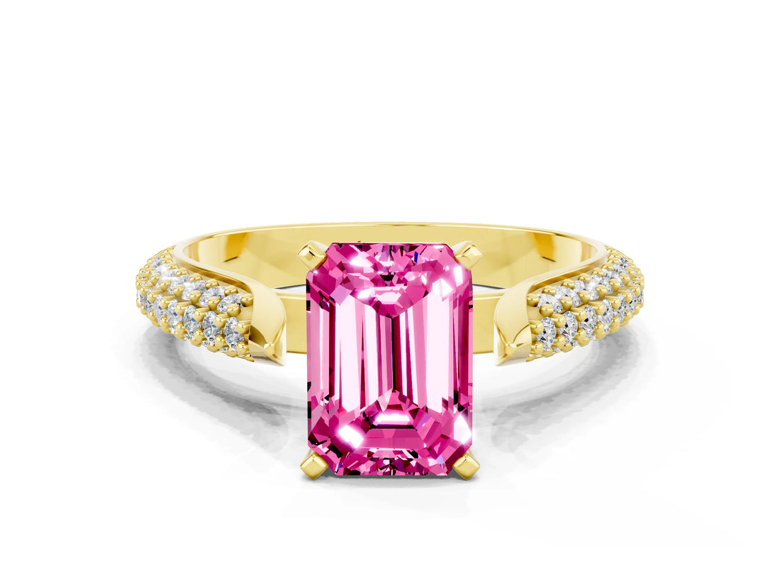 Yellow gold Emerald Cut Diamond Solitaire Engagement Ring with Pavé Band and Four-Prong Setting