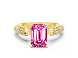 Yellow gold Emerald Cut Diamond Solitaire Engagement Ring with Pavé Band and Four-Prong Setting