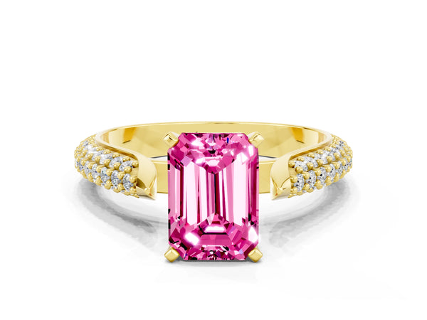 Yellow gold Emerald Cut Pink Sapphire Solitaire Engagement Ring with Multi-Row Round Pavé Band and Prong Setting