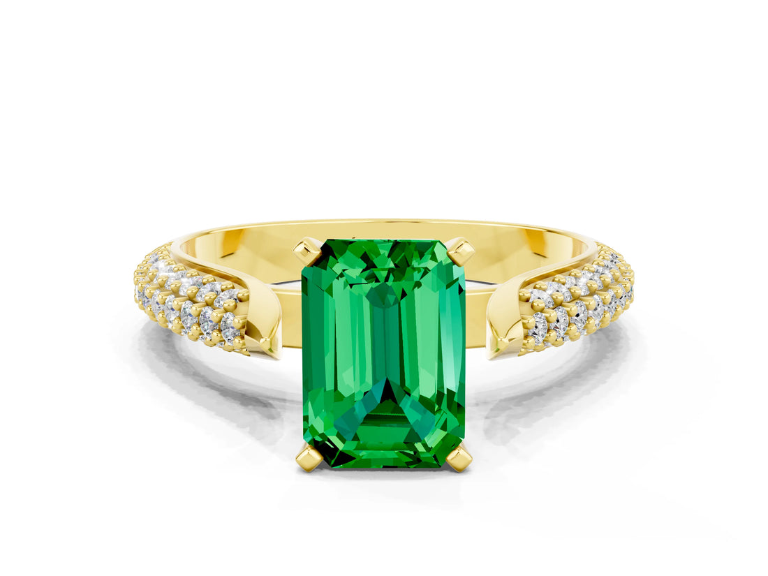 Yellow gold Emerald Cut Diamond Solitaire Engagement Ring with Pavé Band and Four-Prong Setting