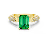 Yellow gold Emerald Cut Diamond Solitaire Engagement Ring with Pavé Band and Four-Prong Setting