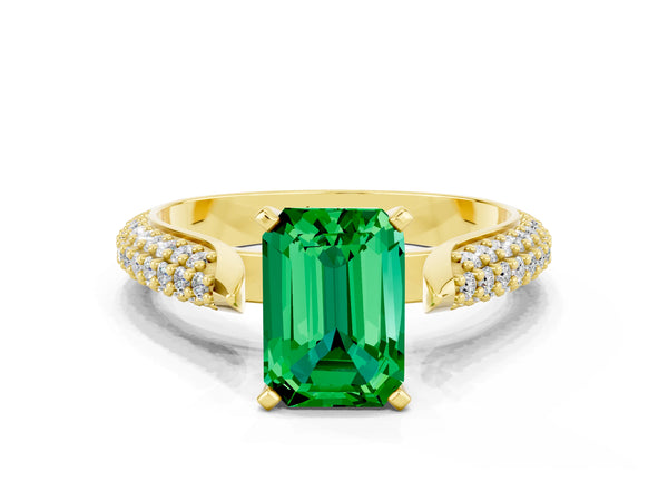 Yellow gold Emerald Cut Emerald Solitaire Engagement Ring with Multi-Row Round Pavé Band and Prong Setting