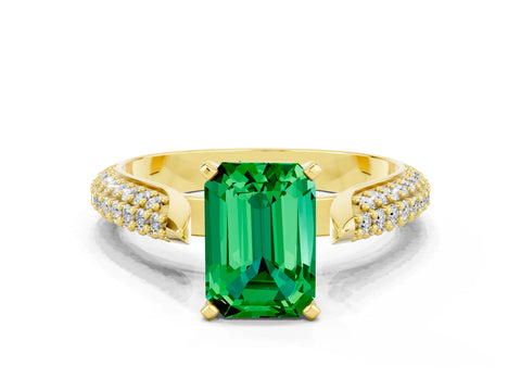 Yellow gold Emerald Cut Diamond Solitaire Engagement Ring with Pavé Band and Four-Prong Setting