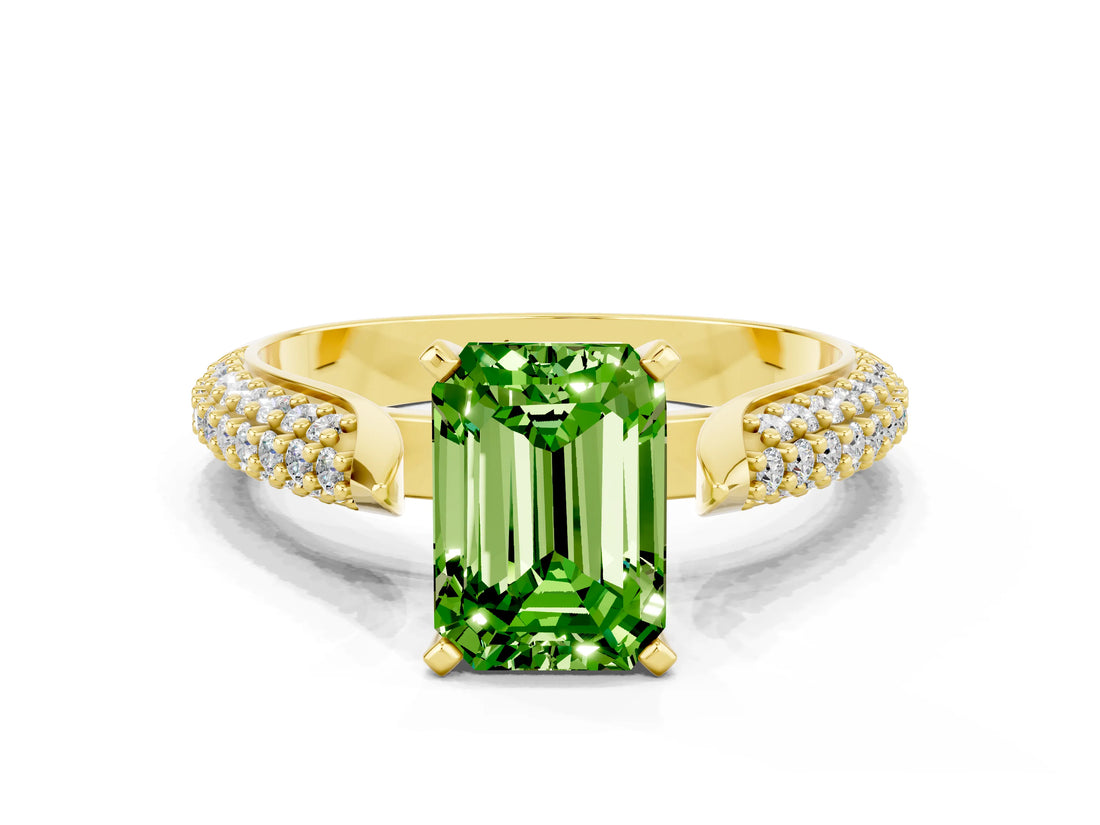 Yellow gold Emerald Cut Diamond Solitaire Engagement Ring with Pavé Band and Four-Prong Setting