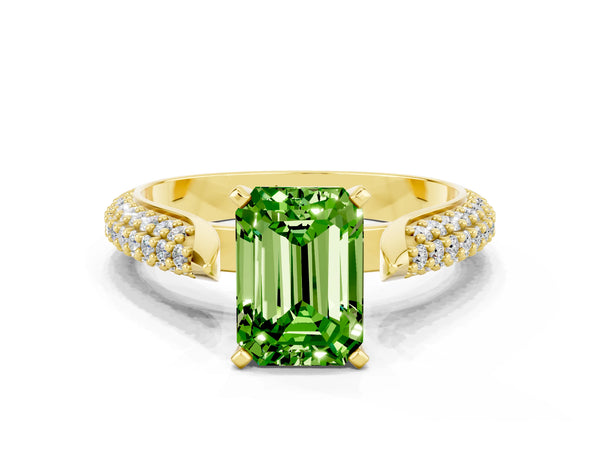 Yellow gold Emerald Cut Diamond Solitaire Engagement Ring with Pavé Band and Four-Prong Setting