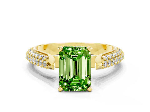 Yellow gold Emerald Cut Diamond Solitaire Engagement Ring with Pavé Band and Four-Prong Setting