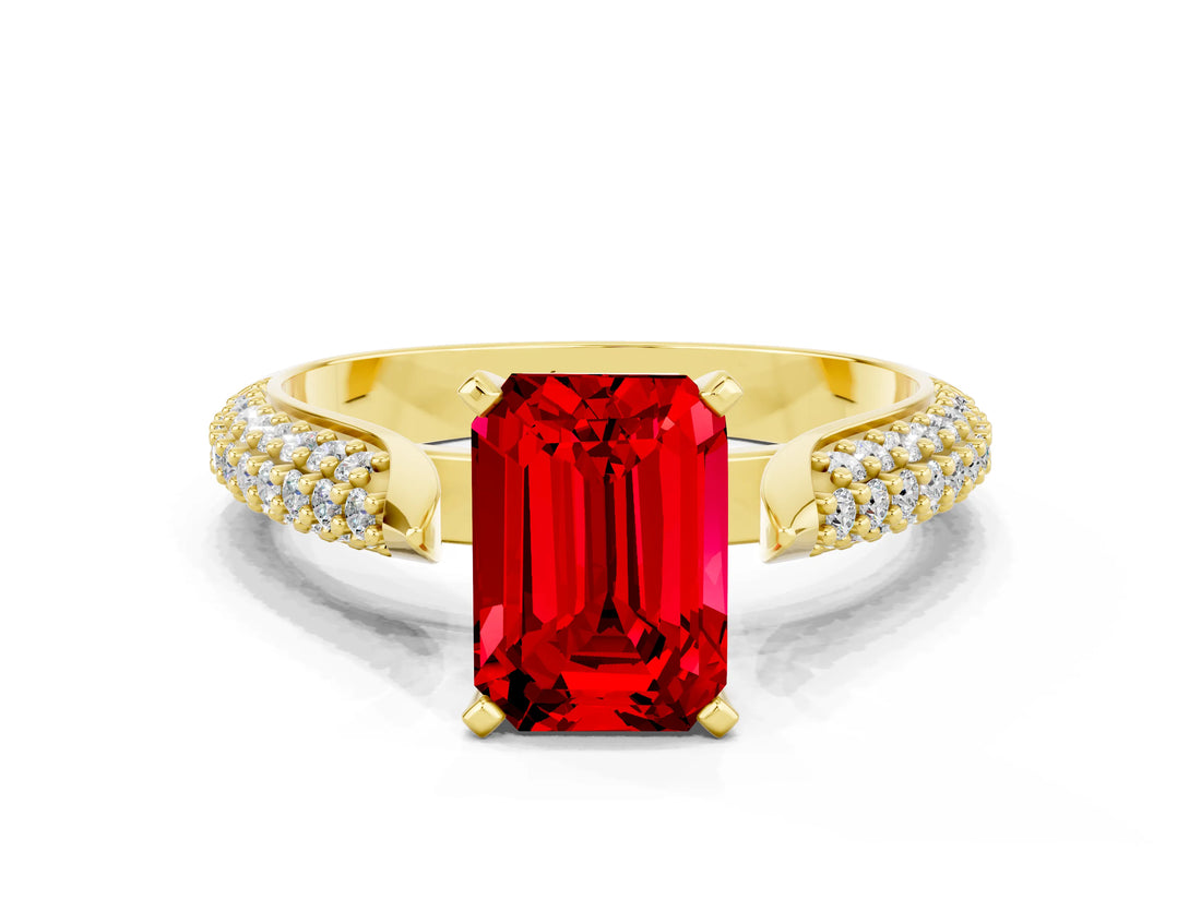 Yellow gold Emerald Cut Diamond Solitaire Engagement Ring with Pavé Band and Four-Prong Setting