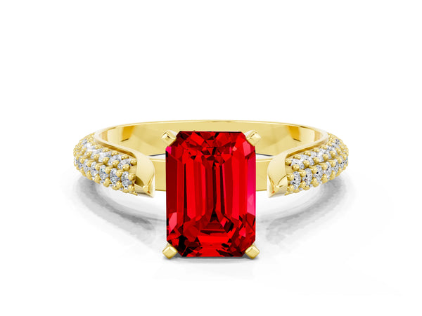 Yellow gold Emerald Cut Diamond Solitaire Engagement Ring with Pavé Band and Four-Prong Setting