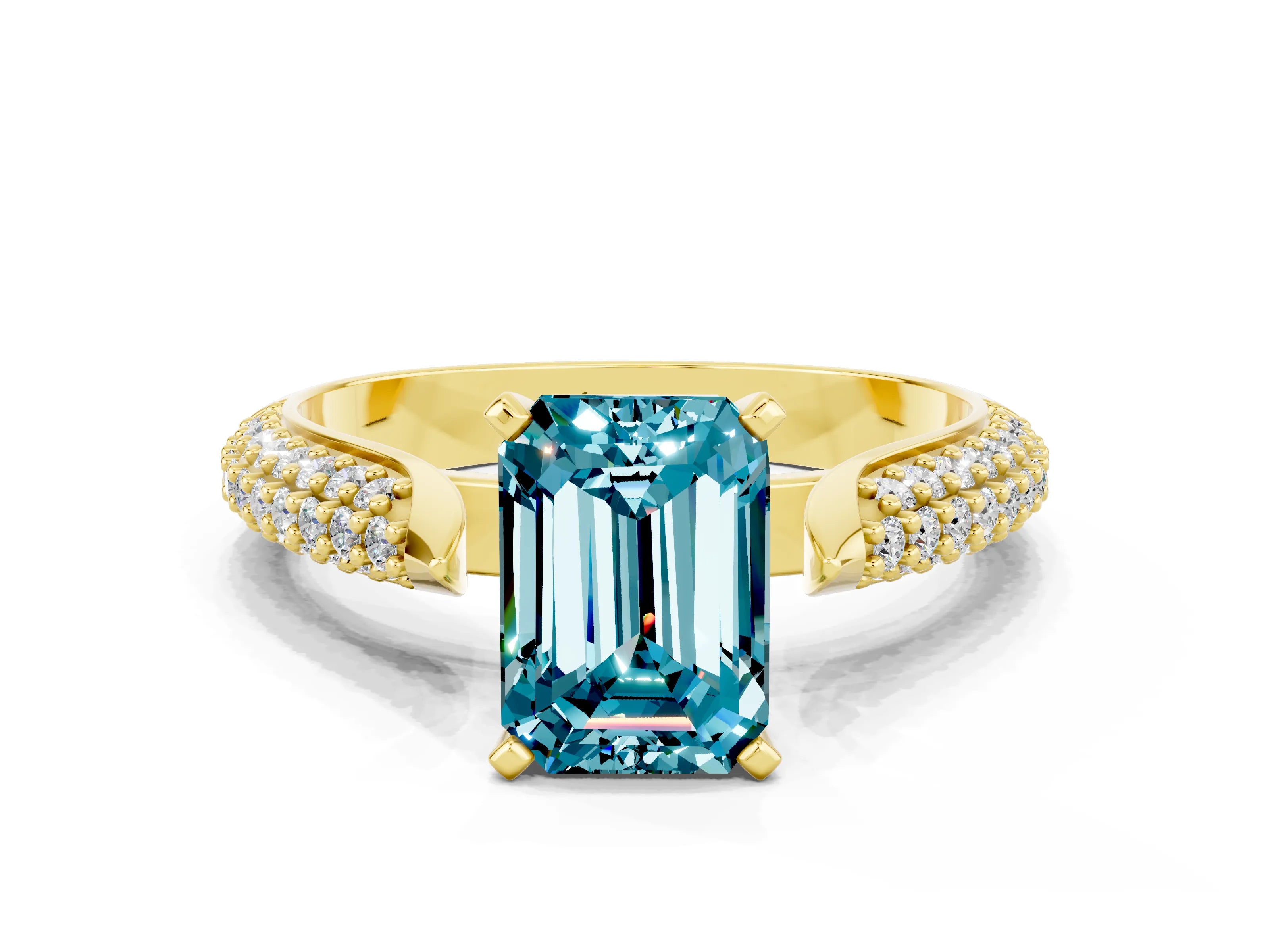 Yellow gold Emerald Cut Diamond Solitaire Engagement Ring with Pavé Band and Four-Prong Setting