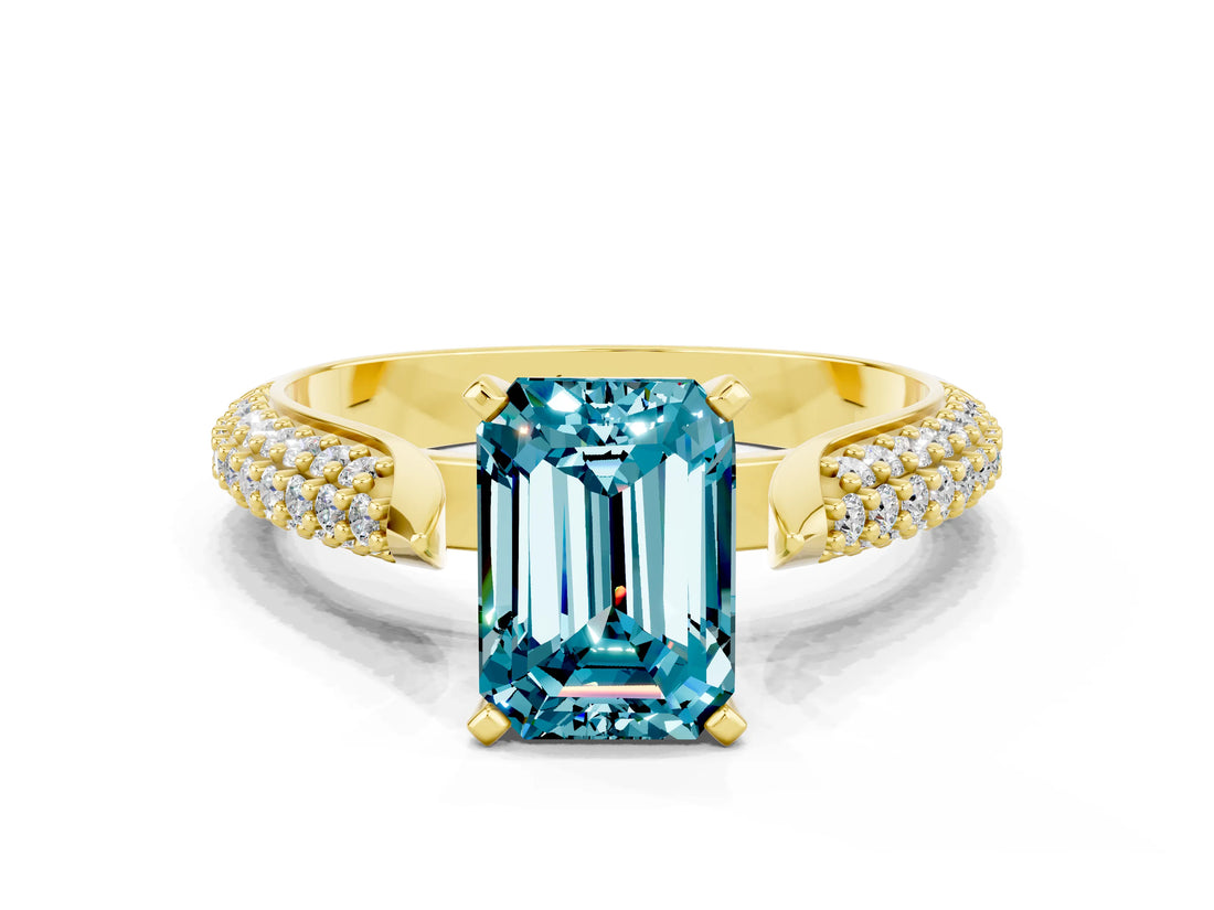 Yellow gold Emerald Cut Diamond Solitaire Engagement Ring with Pavé Band and Four-Prong Setting