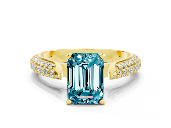 Yellow gold Emerald Cut Diamond Solitaire Engagement Ring with Pavé Band and Four-Prong Setting