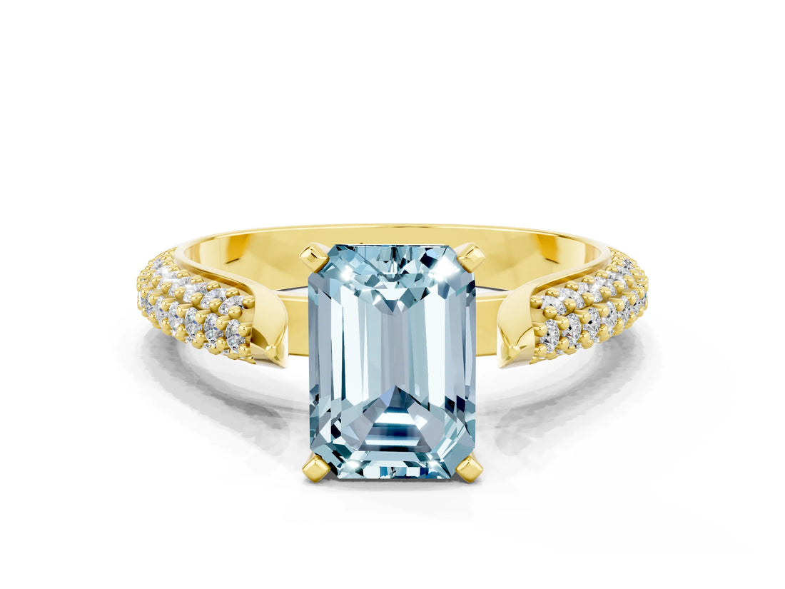 Yellow gold Emerald Cut Diamond Solitaire Engagement Ring with Pavé Band and Four-Prong Setting