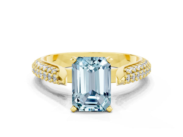 Yellow gold Emerald Cut Aquamarine Solitaire Engagement Ring with Multi-Row Round Pavé Band and Prong Setting
