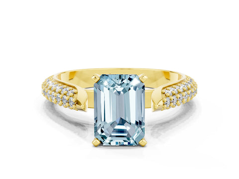 Yellow gold Emerald Cut Diamond Solitaire Engagement Ring with Pavé Band and Four-Prong Setting