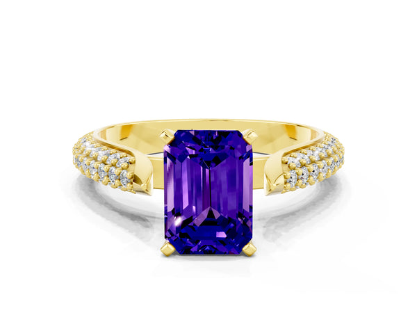 Yellow gold Emerald Cut Tanzanite Solitaire Engagement Ring with Multi-Row Round Pavé Band and Prong Setting