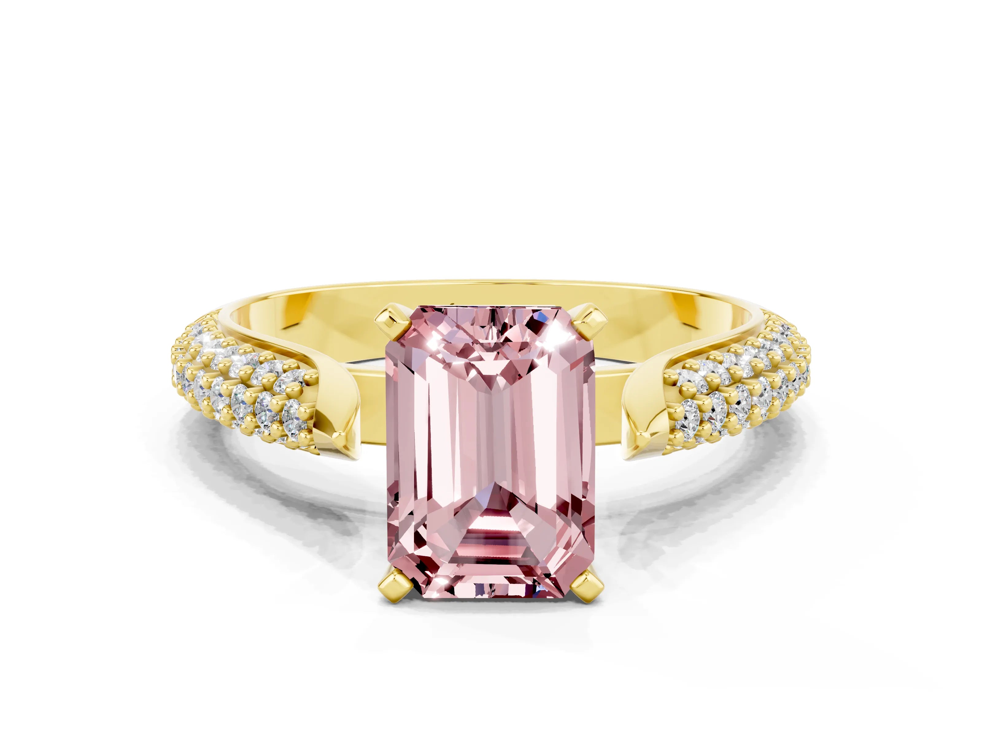 Yellow gold Emerald Cut Diamond Solitaire Engagement Ring with Pavé Band and Four-Prong Setting
