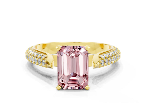 Yellow gold Emerald Cut Diamond Solitaire Engagement Ring with Pavé Band and Four-Prong Setting
