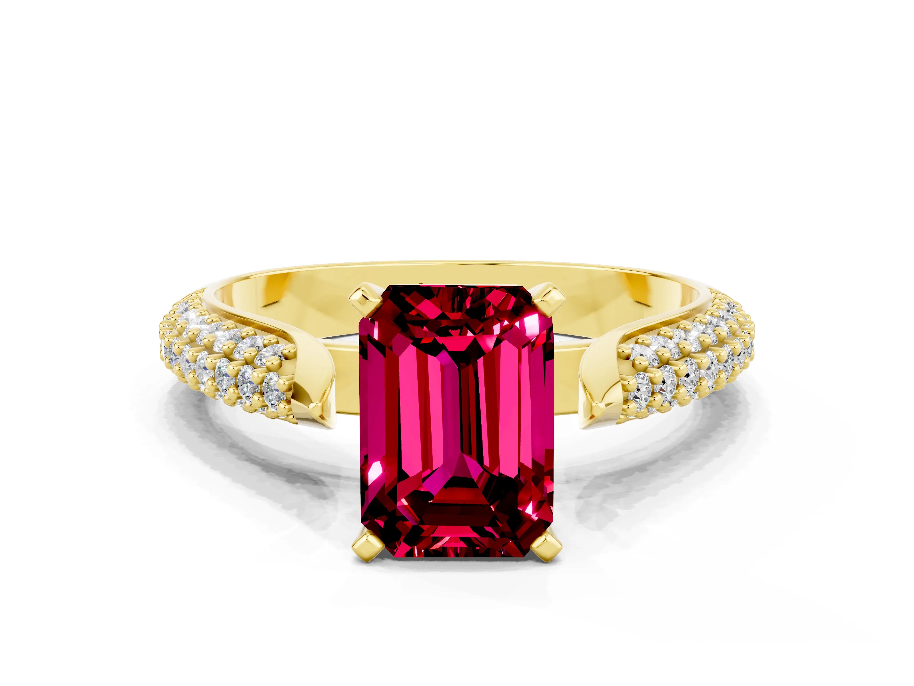 Yellow gold Emerald Cut Diamond Solitaire Engagement Ring with Pavé Band and Four-Prong Setting