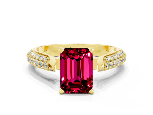 Yellow gold Emerald Cut Garnet Solitaire Engagement Ring with Multi-Row Round Pavé Band and Prong Setting