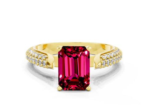 Yellow gold Emerald Cut Diamond Solitaire Engagement Ring with Pavé Band and Four-Prong Setting