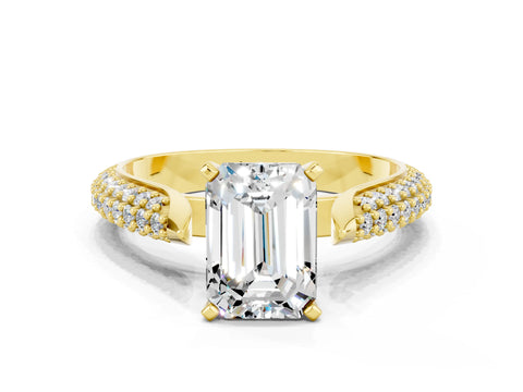 Yellow gold Emerald Cut Diamond Solitaire Engagement Ring with Pavé Band and Four-Prong Setting