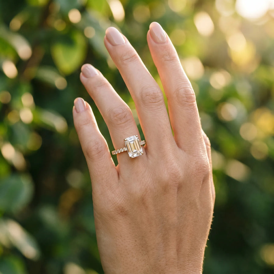 Yellow gold Emerald Cut Diamond Solitaire Engagement Ring with Round  Pavé Band and Prong Setting