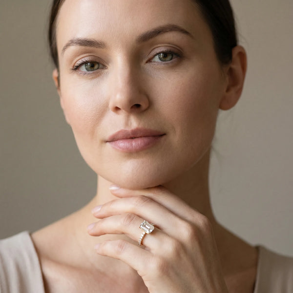 Yellow gold Emerald Cut Diamond Solitaire Engagement Ring with Round  Pavé Band and Prong Setting