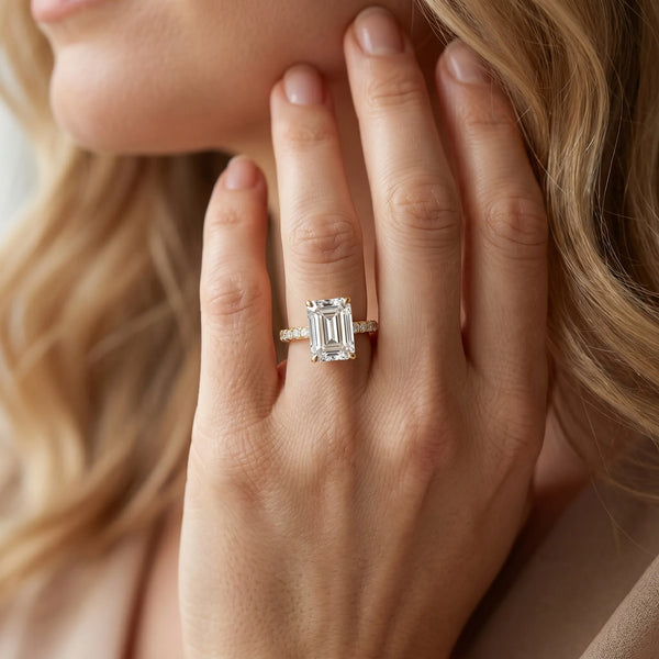 Yellow gold Emerald Cut Diamond Solitaire Engagement Ring with Round  Pavé Band and Prong Setting