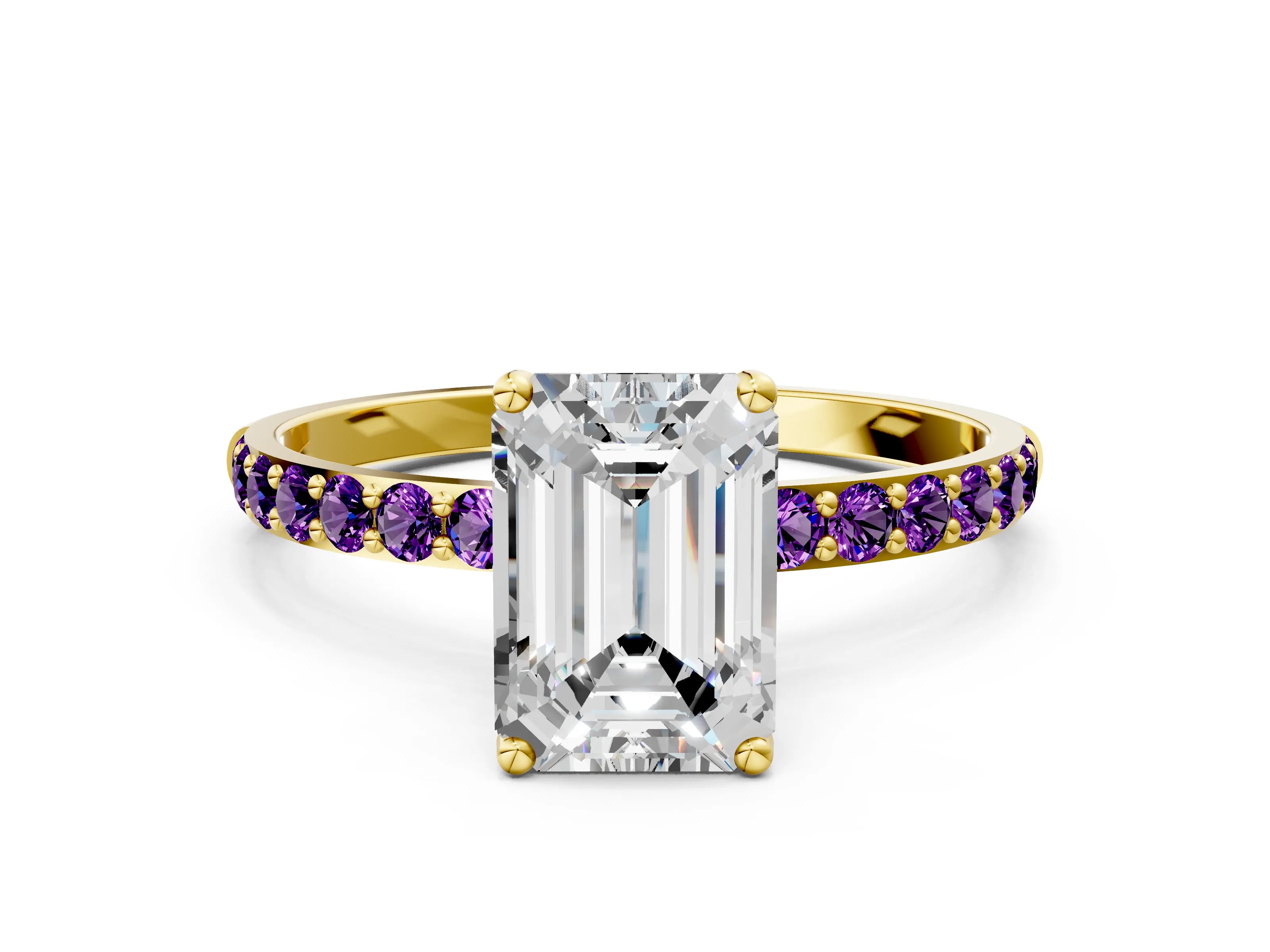 Yellow gold Emerald Cut Diamond Solitaire Engagement Ring with Round with Amethyst side stone Pavé Band and Prong Setting