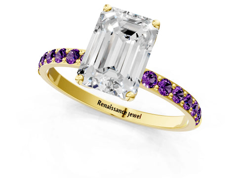 Yellow gold Emerald Cut Diamond Solitaire Engagement Ring with Round with Amethyst side stone Pavé Band and Prong Setting_1