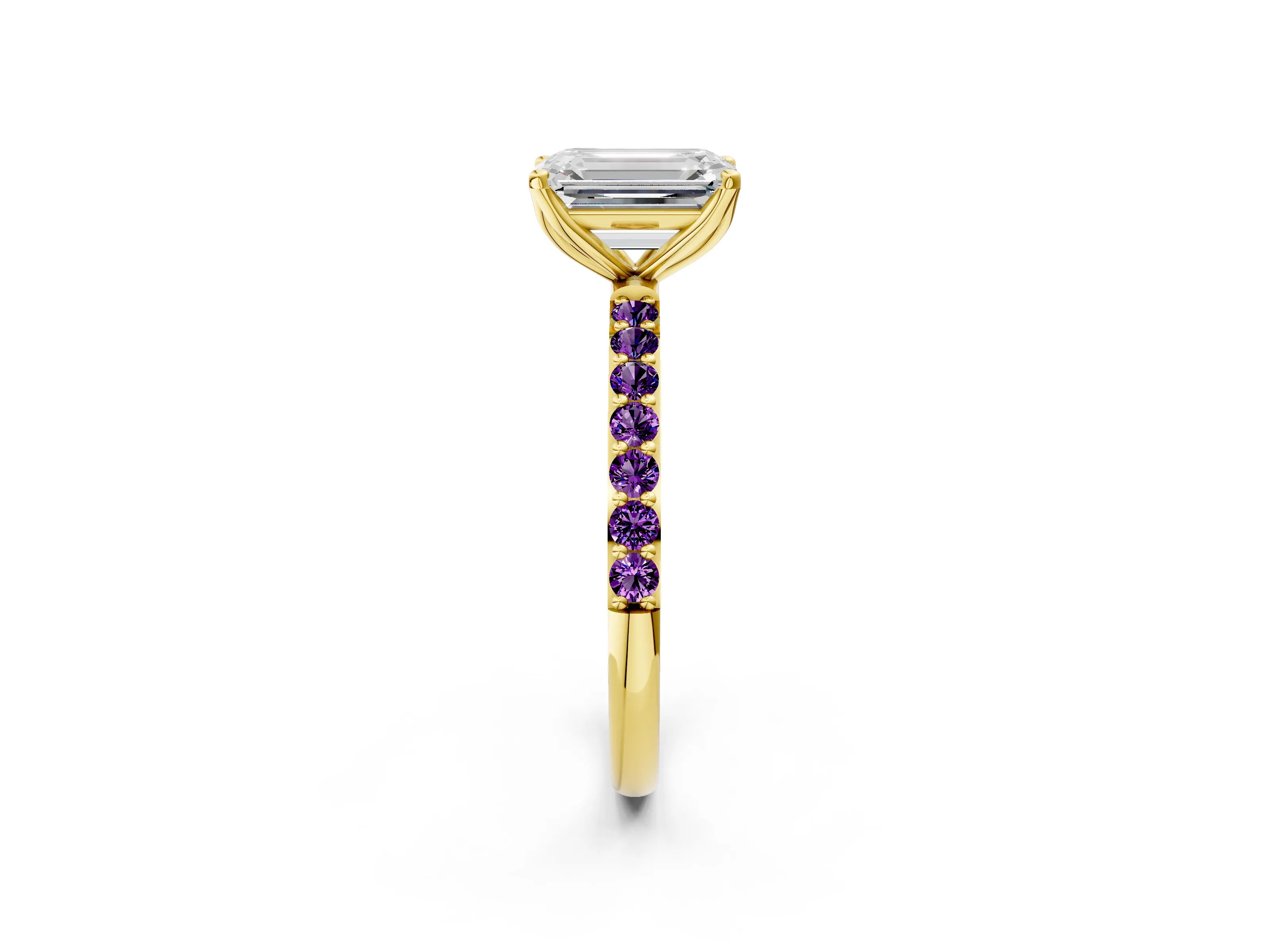 Yellow gold Emerald Cut Diamond Solitaire Engagement Ring with Round with Amethyst side stone Pavé Band and Prong Setting_2
