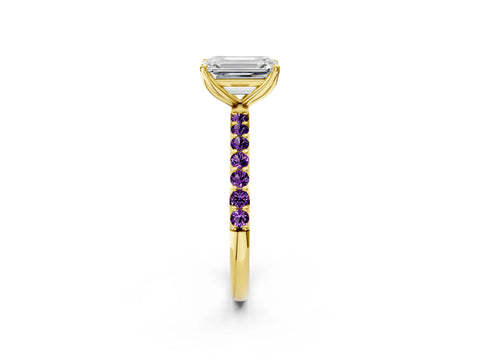 Yellow gold Emerald Cut Diamond Solitaire Engagement Ring with Round with Amethyst side stone Pavé Band and Prong Setting_2
