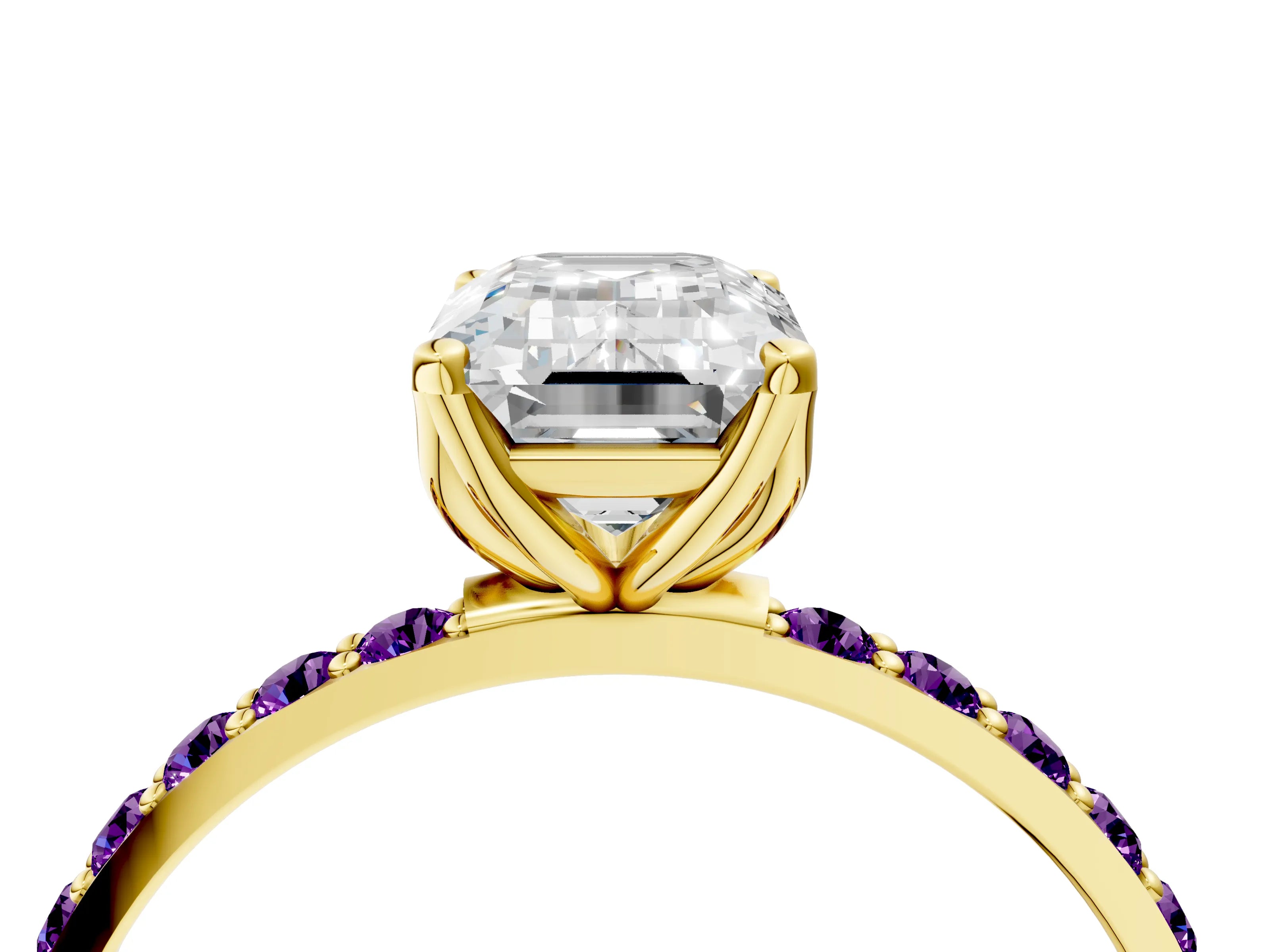 Yellow gold Emerald Cut Diamond Solitaire Engagement Ring with Round with Amethyst side stone Pavé Band and Prong Setting_4