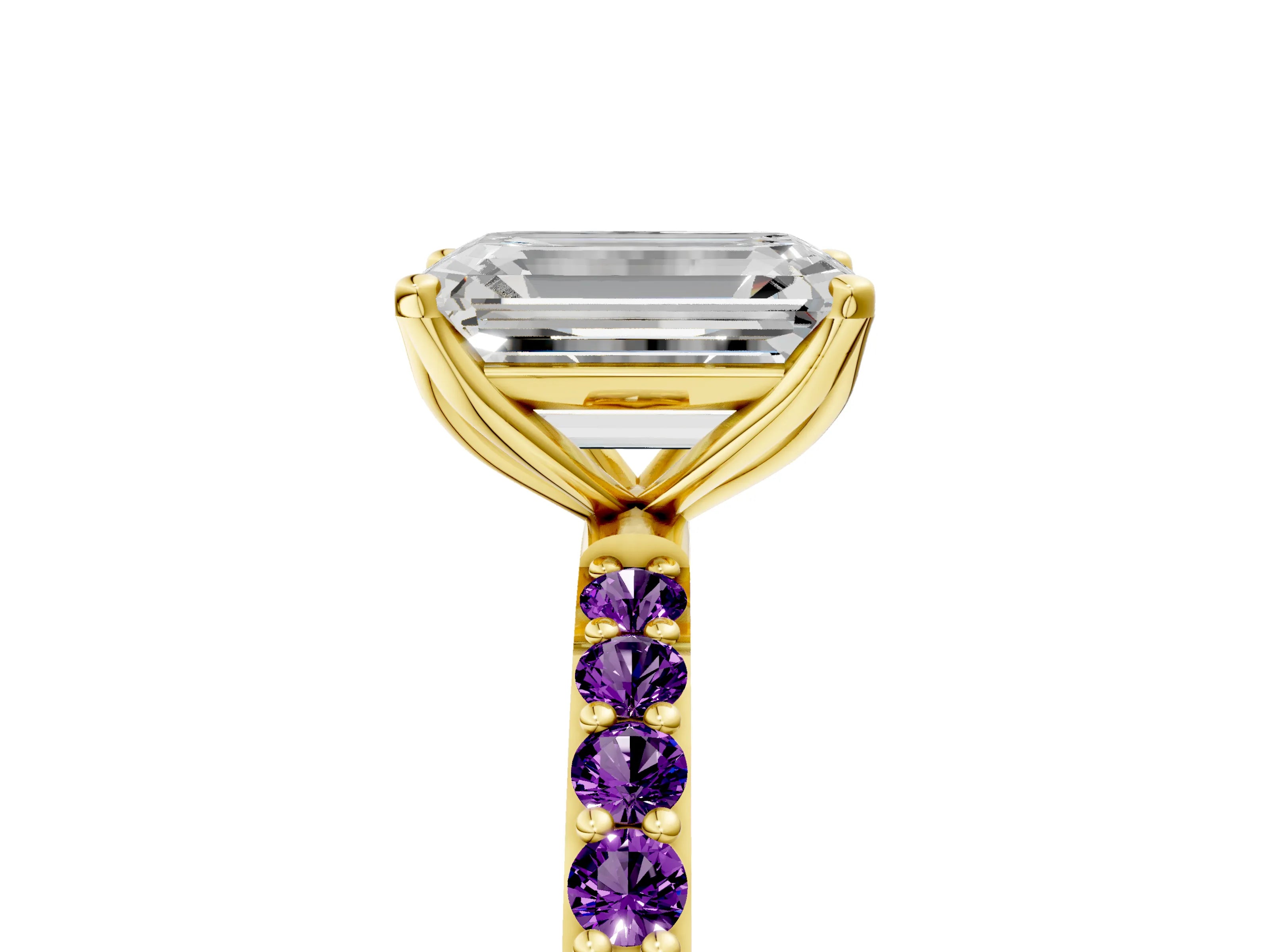 Yellow gold Emerald Cut Diamond Solitaire Engagement Ring with Round with Amethyst side stone Pavé Band and Prong Setting_5