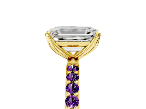 Yellow gold Emerald Cut Diamond Solitaire Engagement Ring with Round with Amethyst side stone Pavé Band and Prong Setting_5