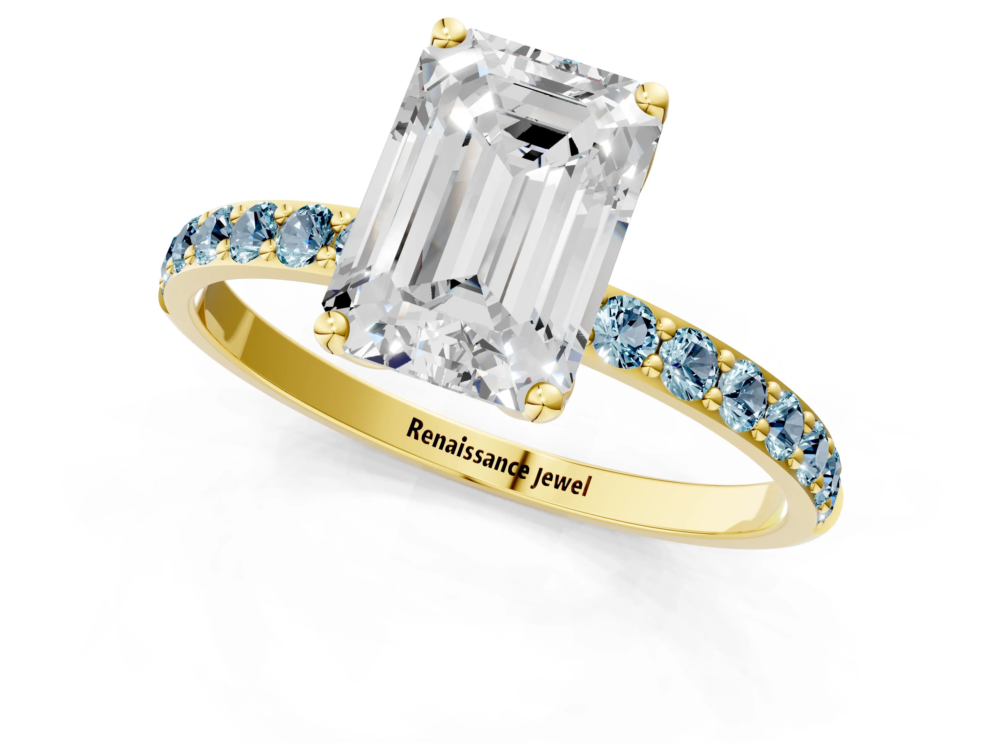 Yellow gold Emerald Cut Diamond Solitaire Engagement Ring with Round with Aquamarine side stone Pavé Band and Prong Setting_1