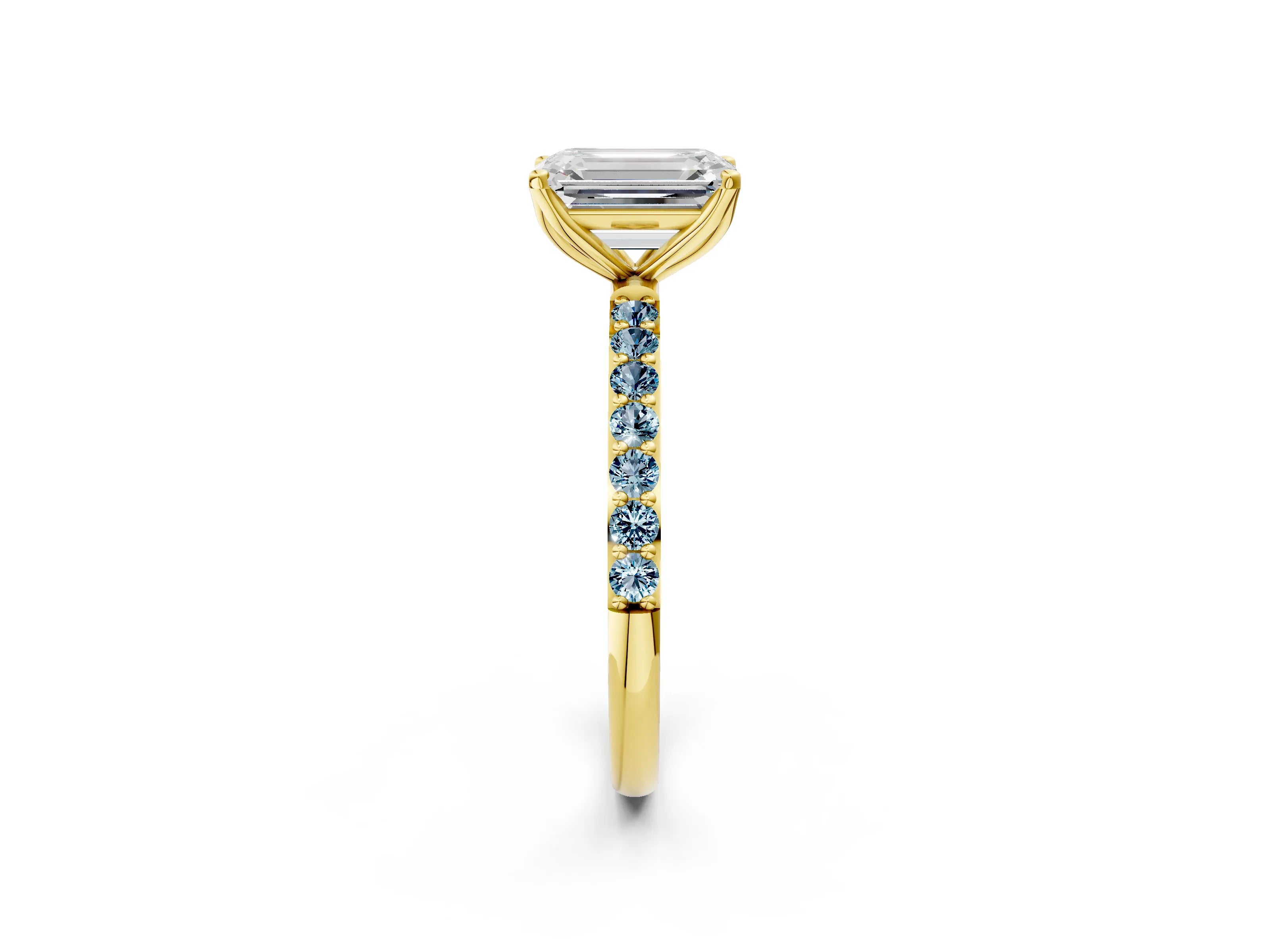 Yellow gold Emerald Cut Diamond Solitaire Engagement Ring with Round with Aquamarine side stone Pavé Band and Prong Setting_2