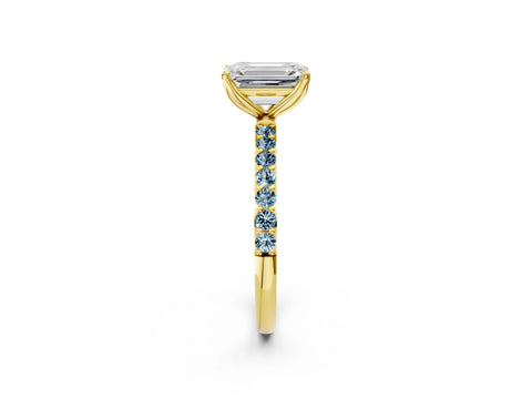 Yellow gold Emerald Cut Diamond Solitaire Engagement Ring with Round with Aquamarine side stone Pavé Band and Prong Setting_2