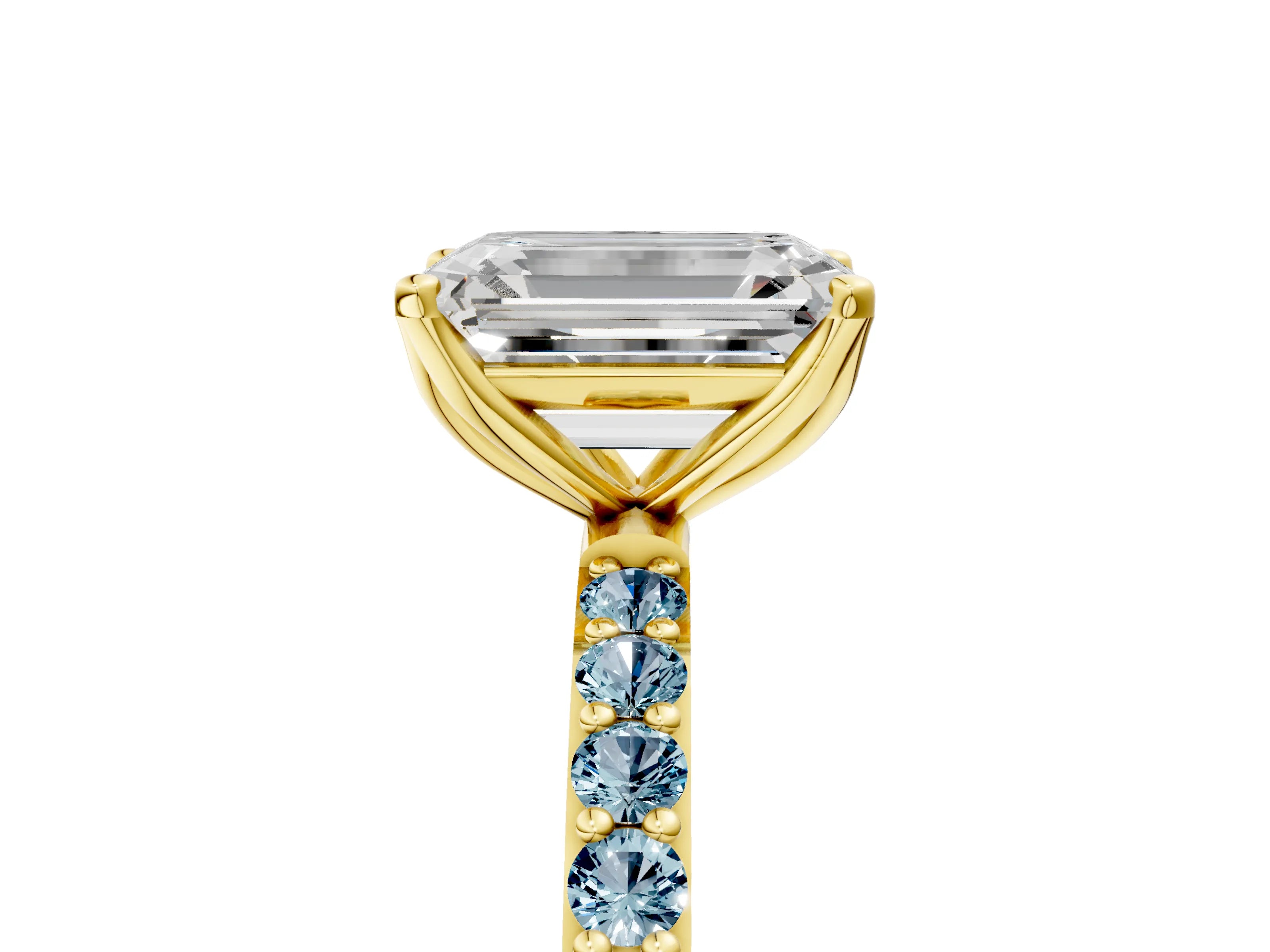 Yellow gold Emerald Cut Diamond Solitaire Engagement Ring with Round with Aquamarine side stone Pavé Band and Prong Setting_5