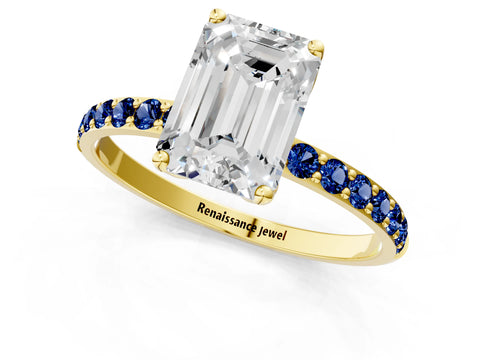 Yellow gold Emerald Cut Diamond Solitaire Engagement Ring with Round with Blue Sapphire side stone Pavé Band and Prong Setting_1